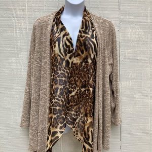 Size 26/28 Avenue Leopard Print Waterfall Lapel/Beige Cardigan
